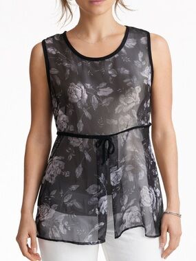 Sheer Tunic Tank Top Topper Layering Piece Sateen Trim & Tie Bold Floral Black M